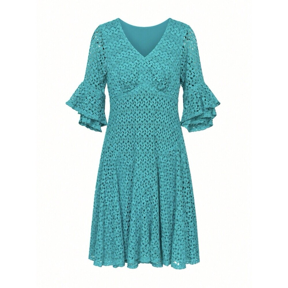 Teal Floral Lace Fit & Flare Dress Boho Romantic Cottagecore Flutter Sleeve 8